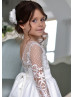 Sheer Long Sleeve Ivory Lace Satin Flower Girl Dress